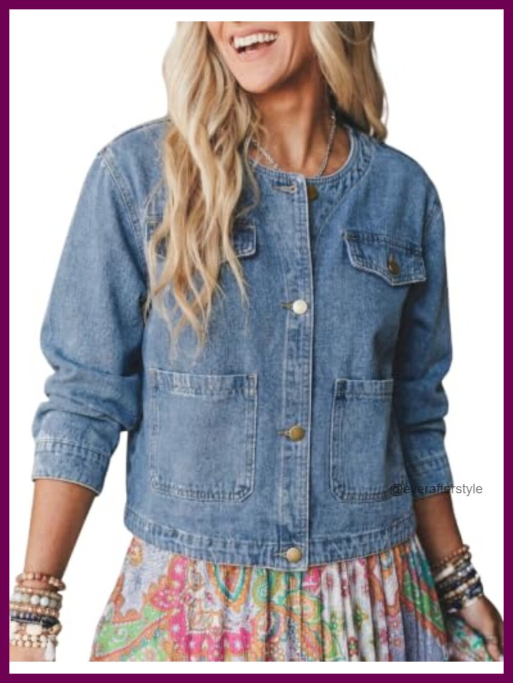 Womens Collarless Denim Jacket Crop Casual Fall Coat